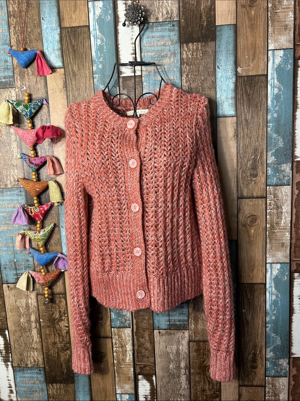 Copper Key Rose Coral Chunky Knit Button-Front Cardigan